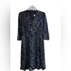 Anni Kuan V-neck floral design black gray pockets 3/4 sleeves dress Sz S